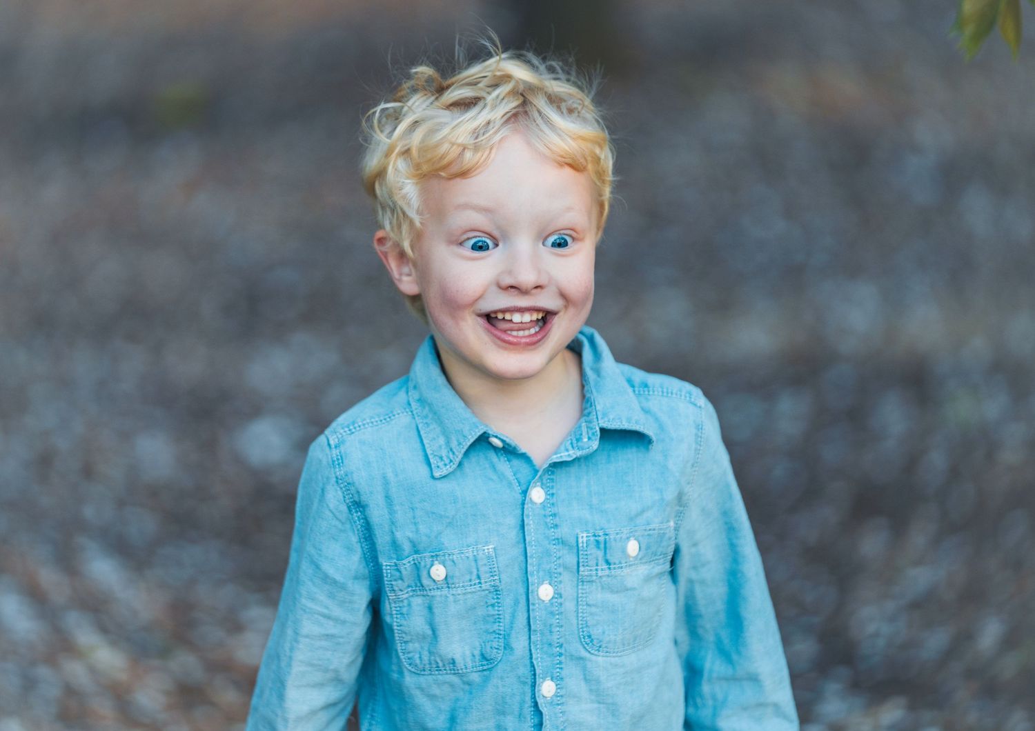 Close up portrait of child in denim shirt against blurred background.