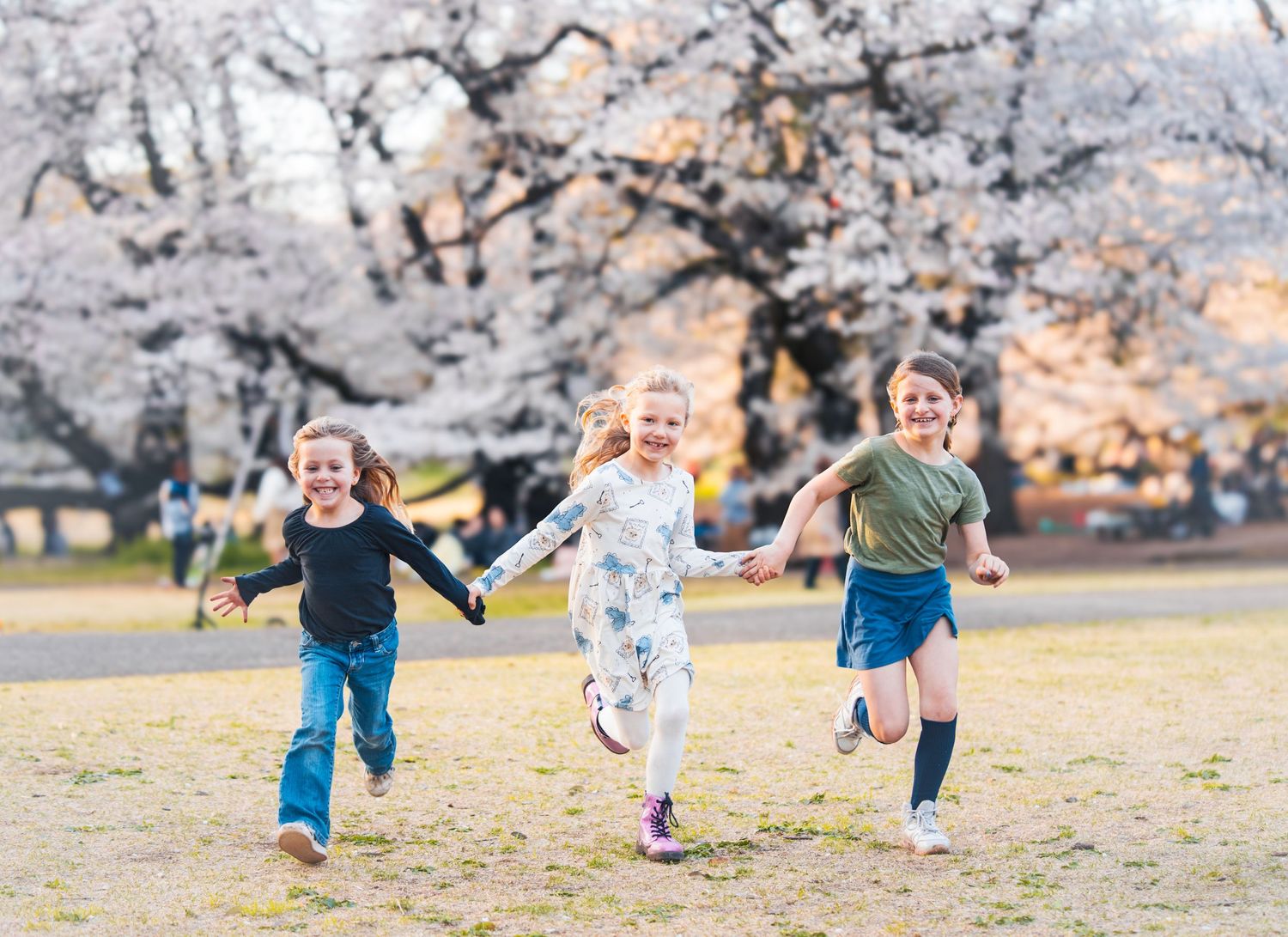 Three children running joyfully through a park with cherry blossoms in bloom.