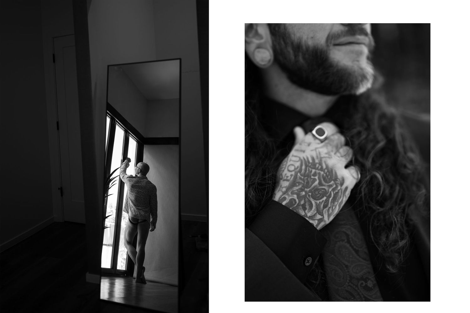 Black and white diptych of a man in a doorway and a close-up of tattooed hands with long curly hair.