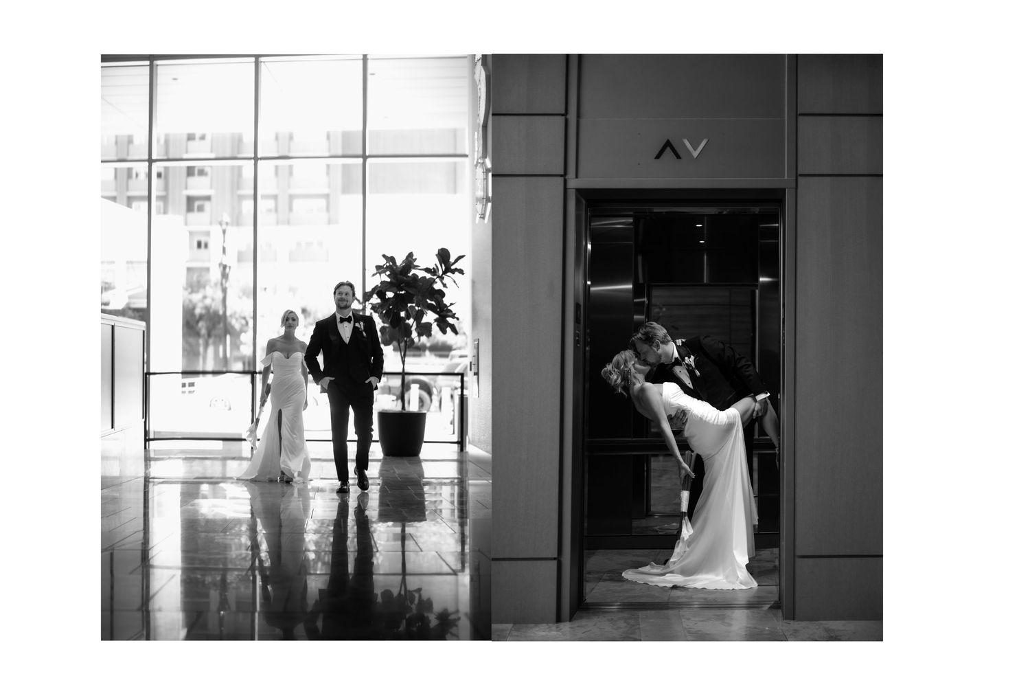 Black and white wedding photo of bride and groom walking through modern lobby and sharing a romantic dip kiss.