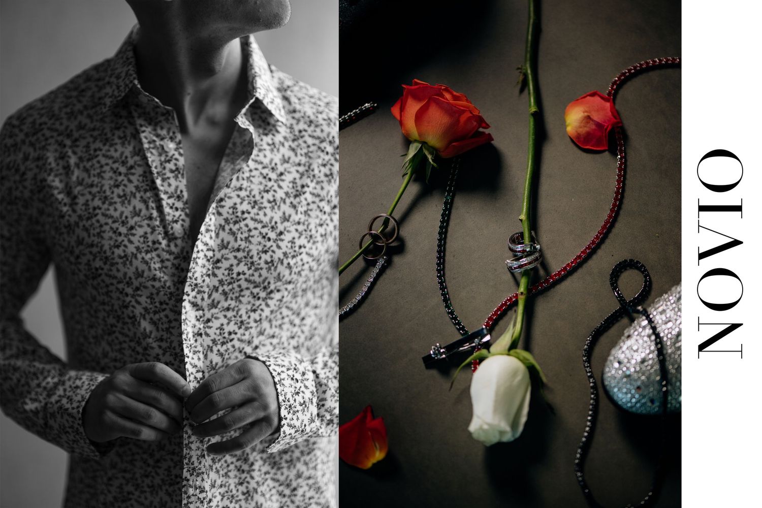 Man in floral button-up shirt beside NOVIO branded accessories with red and white roses on dark background.