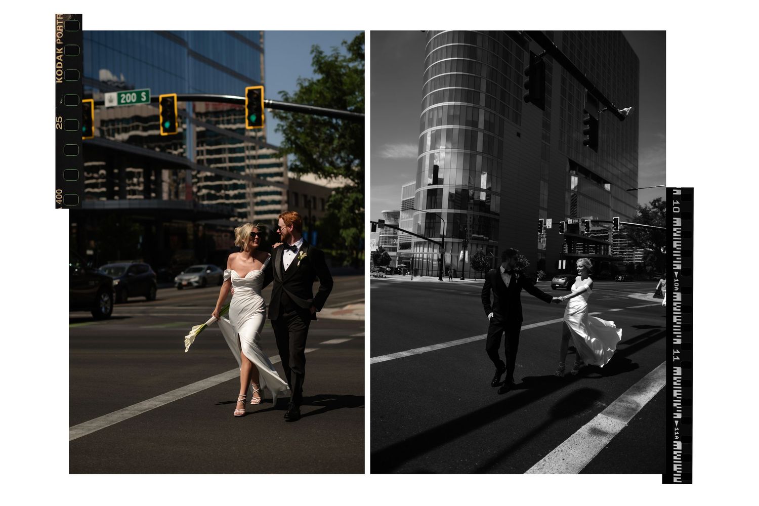 Bride and groom cross a sunny city street in elegant wedding attire, captured in vibrant and black-and-white photos.