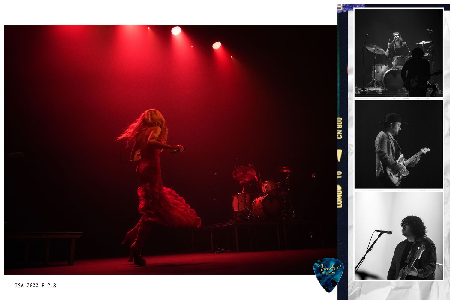 Rock band performs energetically on a red-lit stage, with three black-and-white photos of musicians playing guitar and singing alongside.