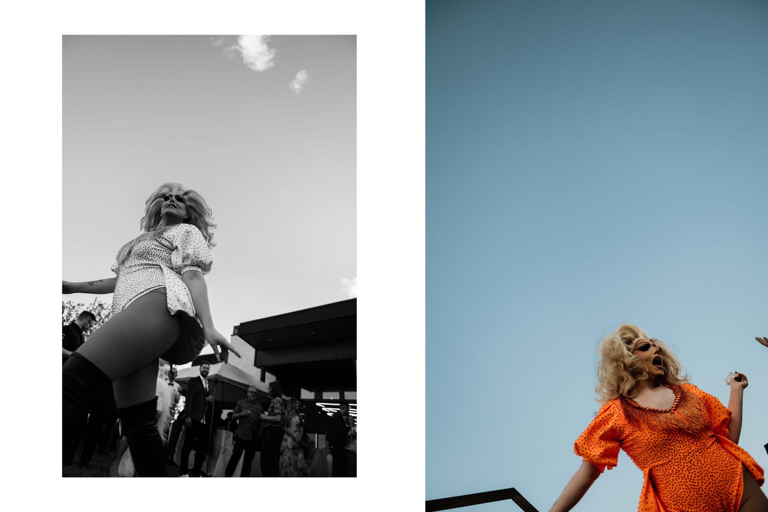 Black and white photo of a woman jumping outdoors, paired with a color shot of a woman in an orange dress against blue sky. LGBTQ Weddings