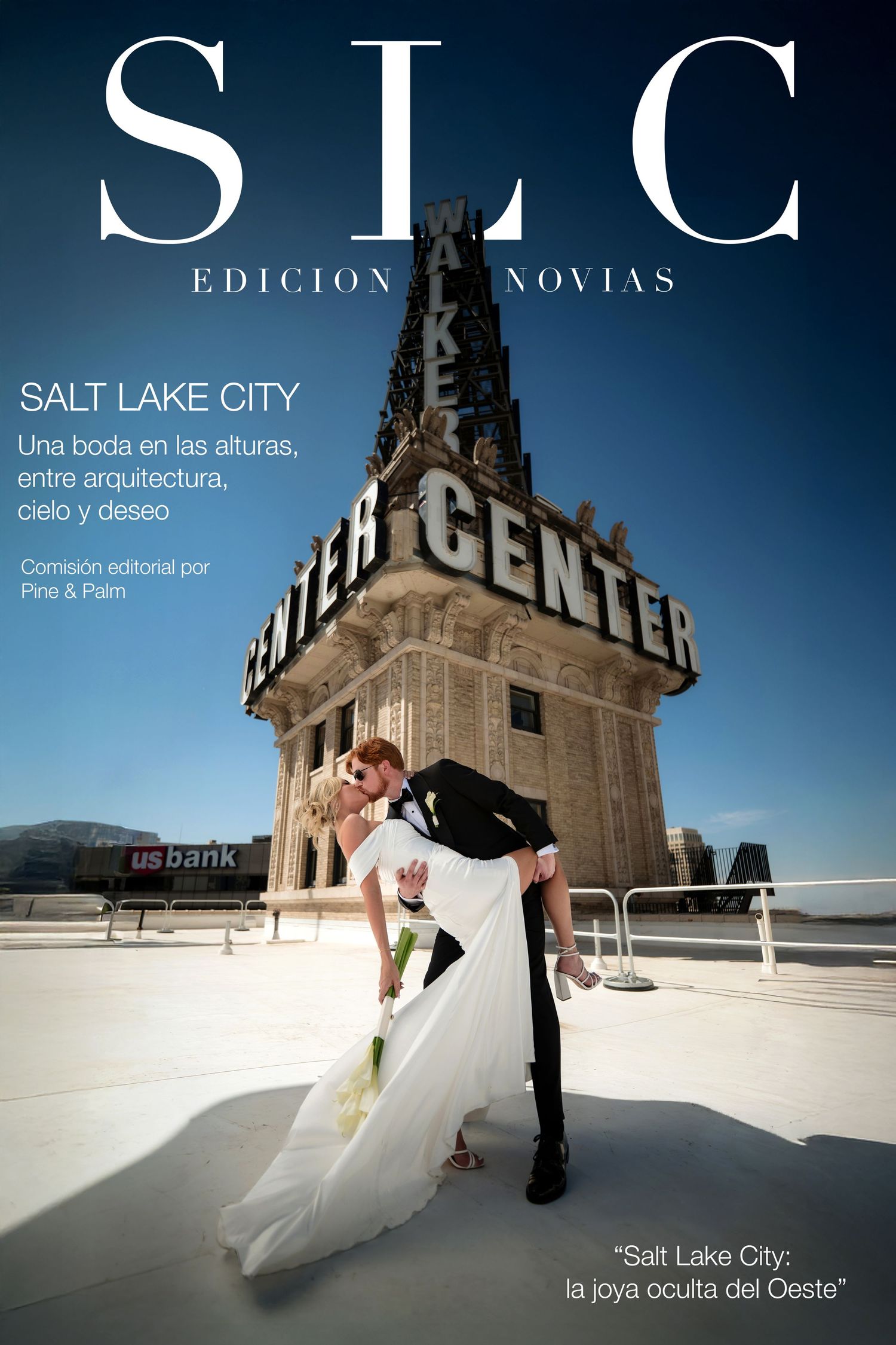 Spanish bridal magazine cover featuring a couple dancing on a rooftop in Salt Lake City with the Walker Center building behind them.