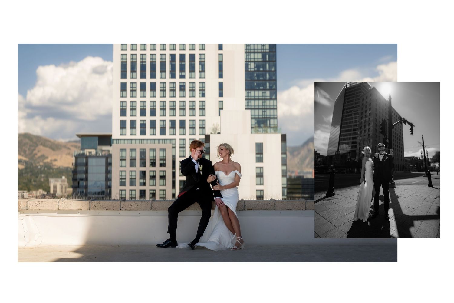 Wedding couple posing on rooftop with city skyline and mountains, featuring color and black-and-white split photos.