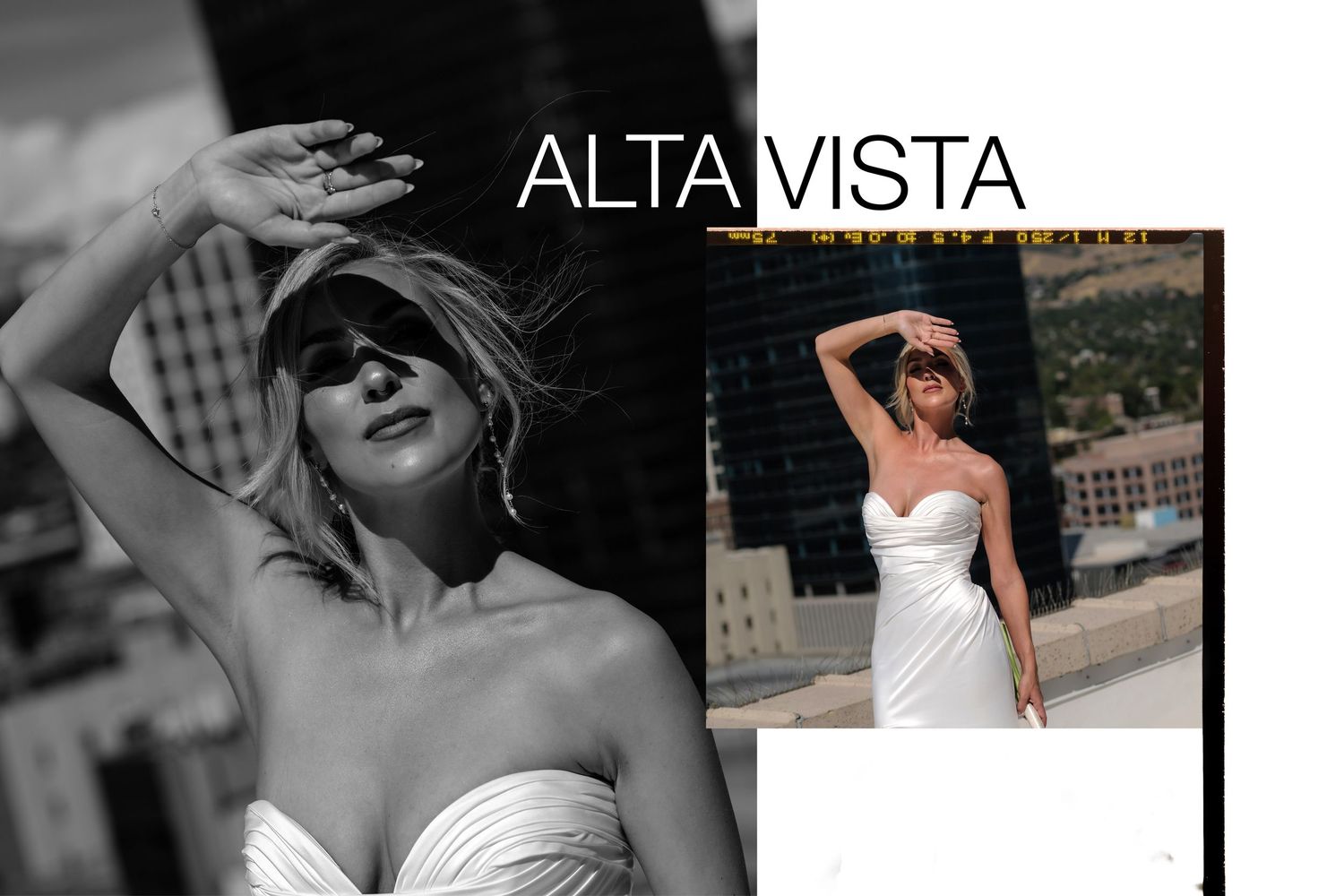 Elegant bride in strapless white wedding gown poses on rooftop with city skyline in Alta Vista shoot.