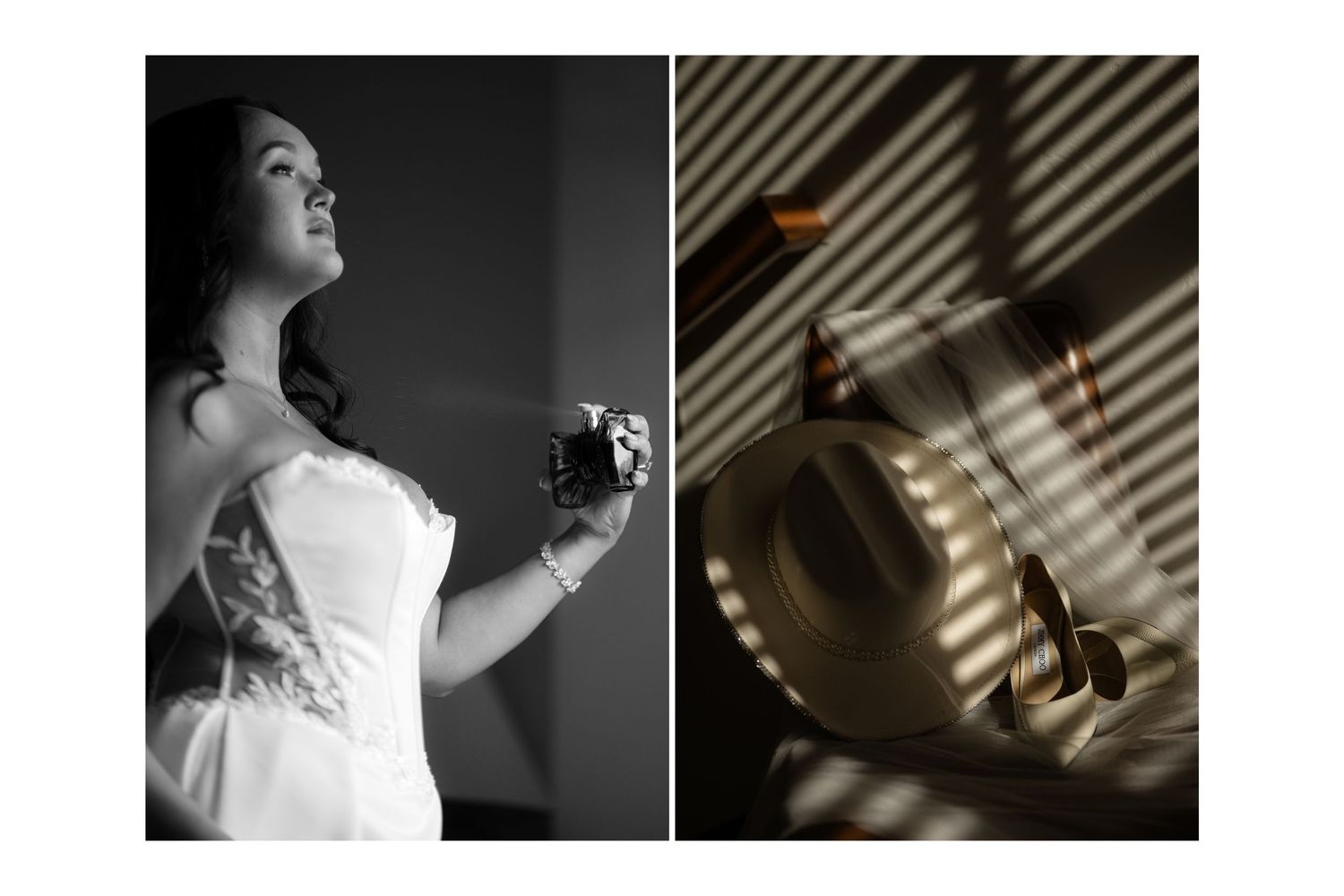 Black and white photo of bride in wedding dress holding bouquet, beside colorful detail shot of wedding accessories with dramatic light.