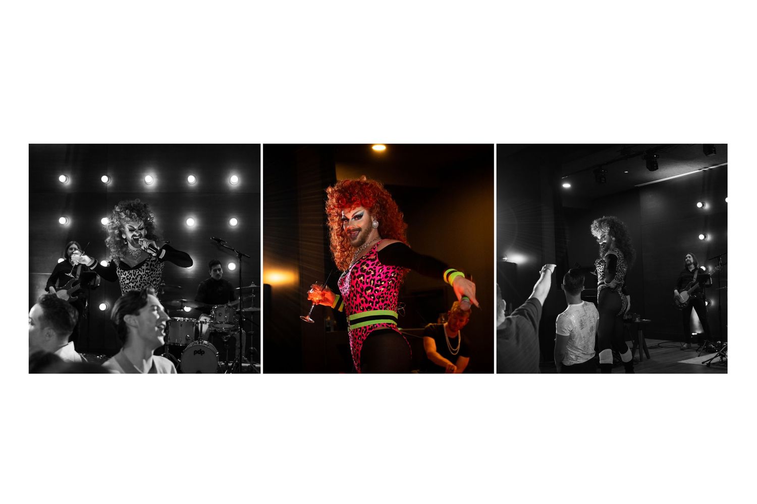 Triptych of performance photos showing musicians on stage, a colorful costumed performer, and a singer under stage lights.