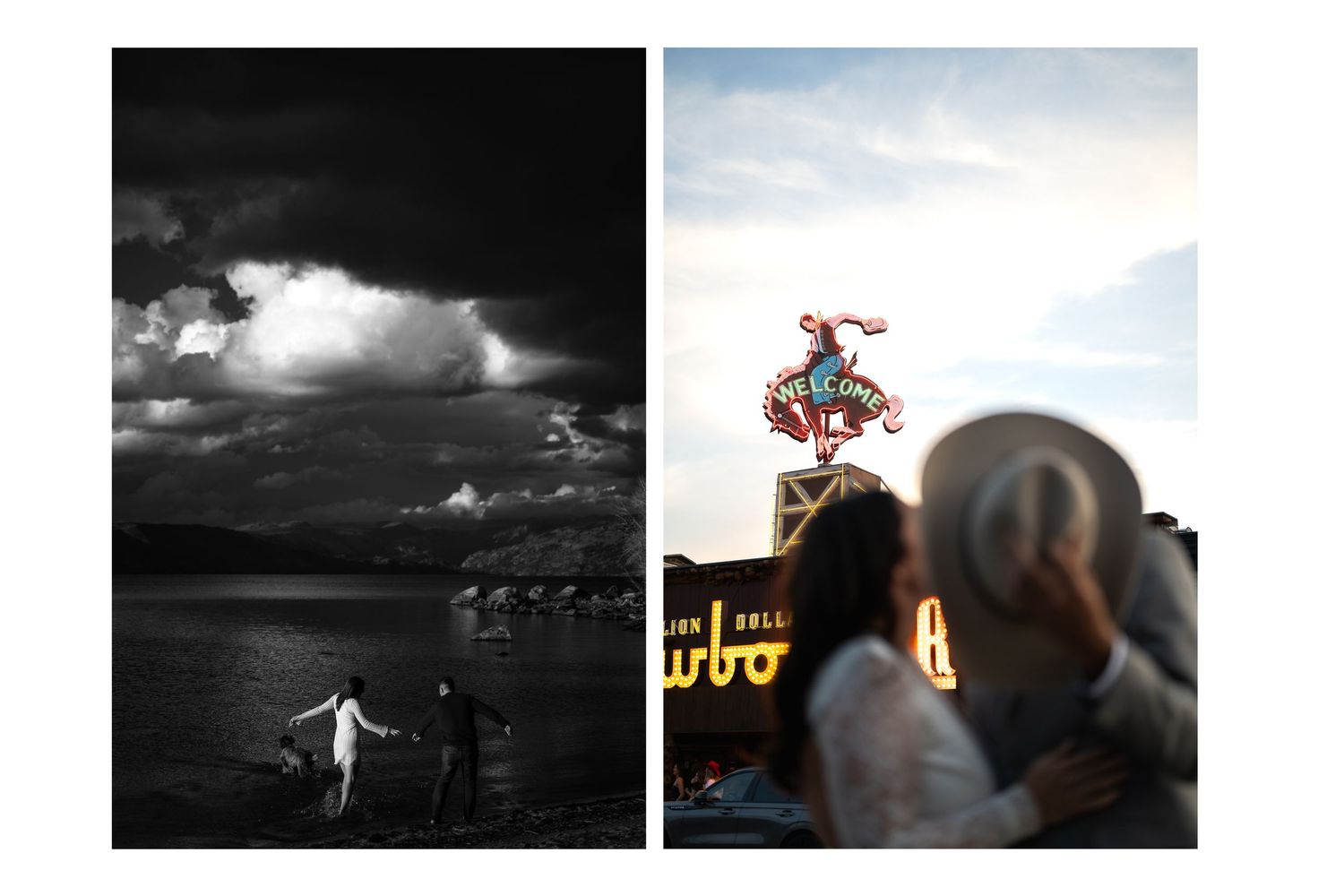 Black and white photo of couple dancing by stormy lake, colorful neon sign with couple in hats at dusk under the famous Million Dollar bar