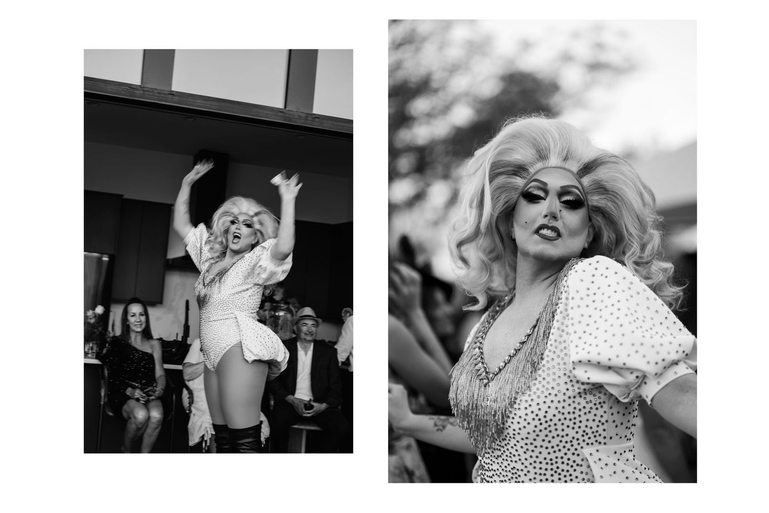 Black and white diptych of a drag performer dancing on stage and posing confidently at an outdoor event.