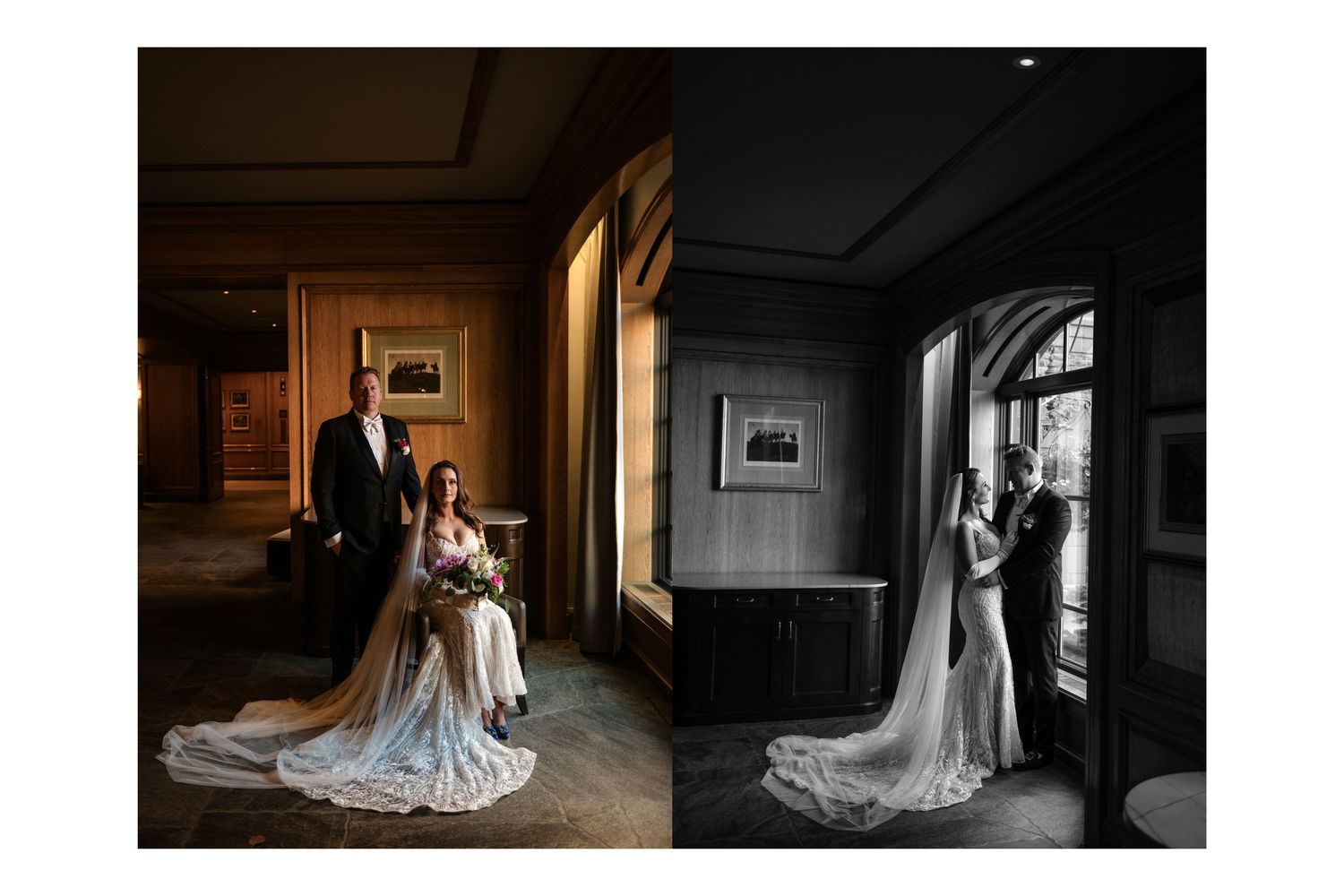 Elegant bride and groom posing indoors, with a dramatic dark background and soft window light in dual color and black-and-white.