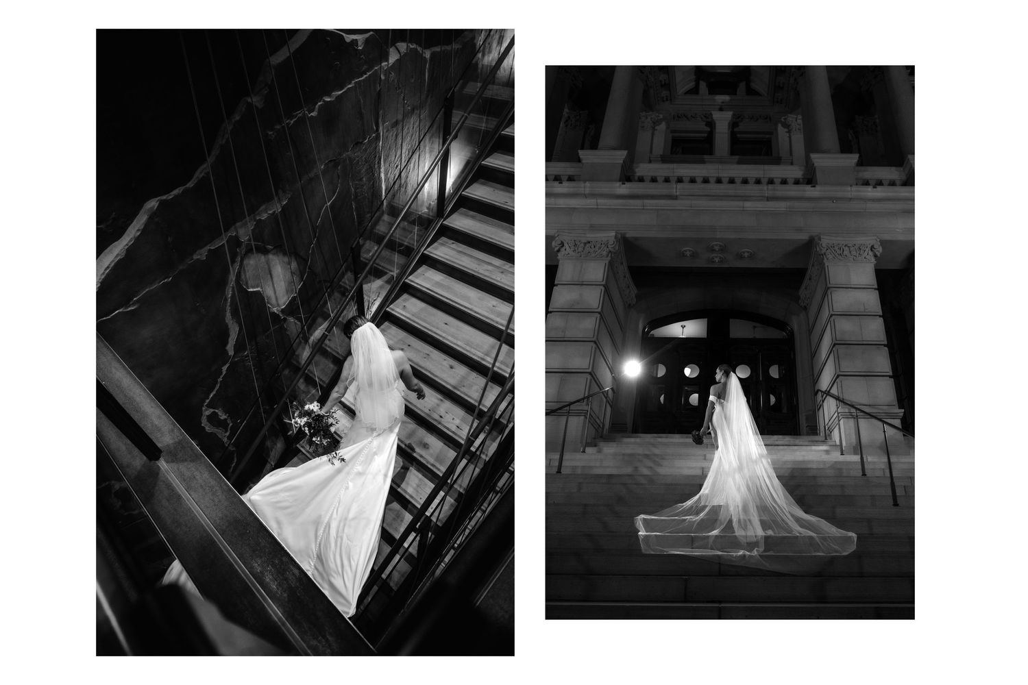 Black and white wedding photos of a bride in a flowing gown on grand staircase and outside a stone building at night.