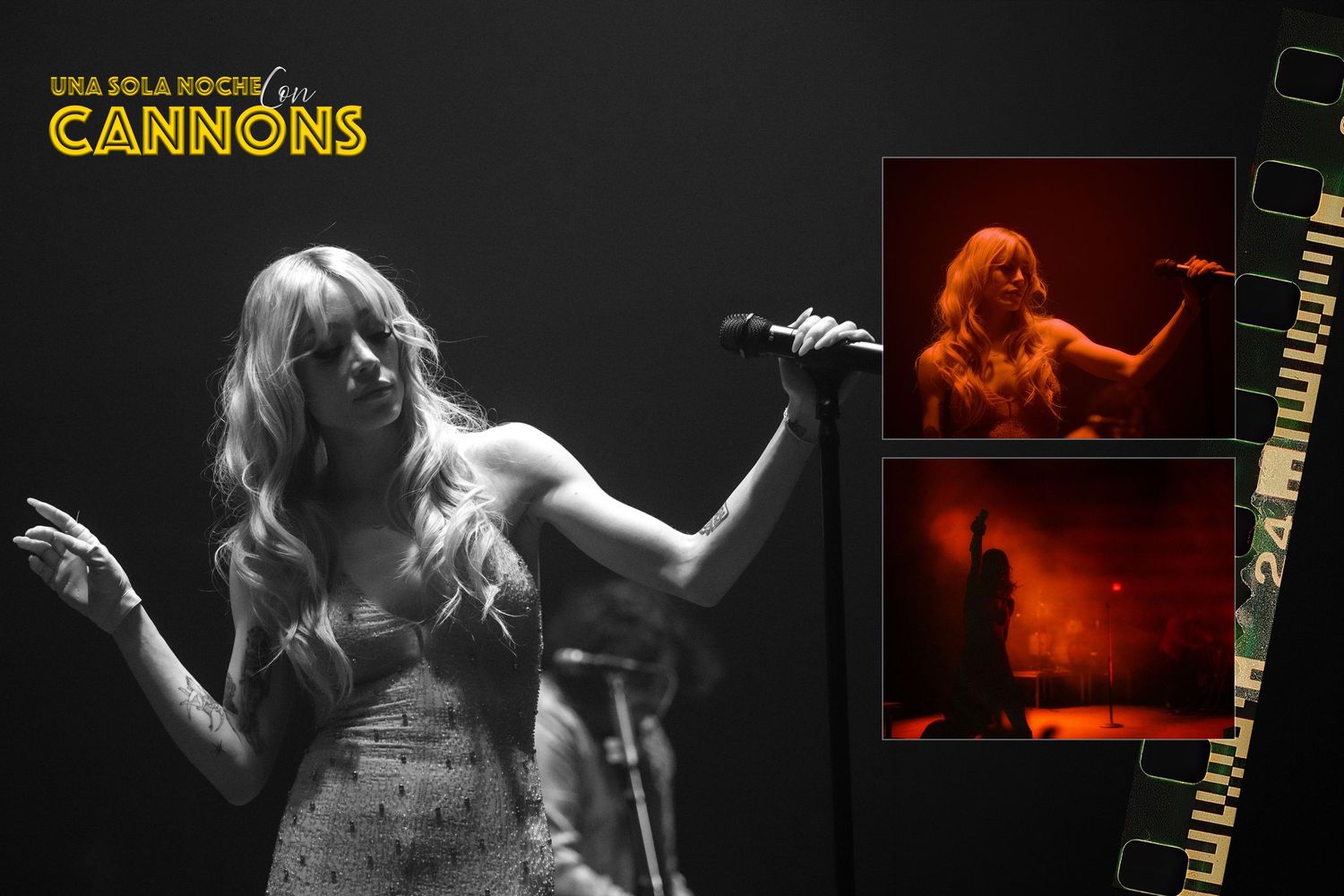 A blonde female singer performs on stage in a sparkly dress, with film strip inset photos showing her in dramatic red stage lighting.