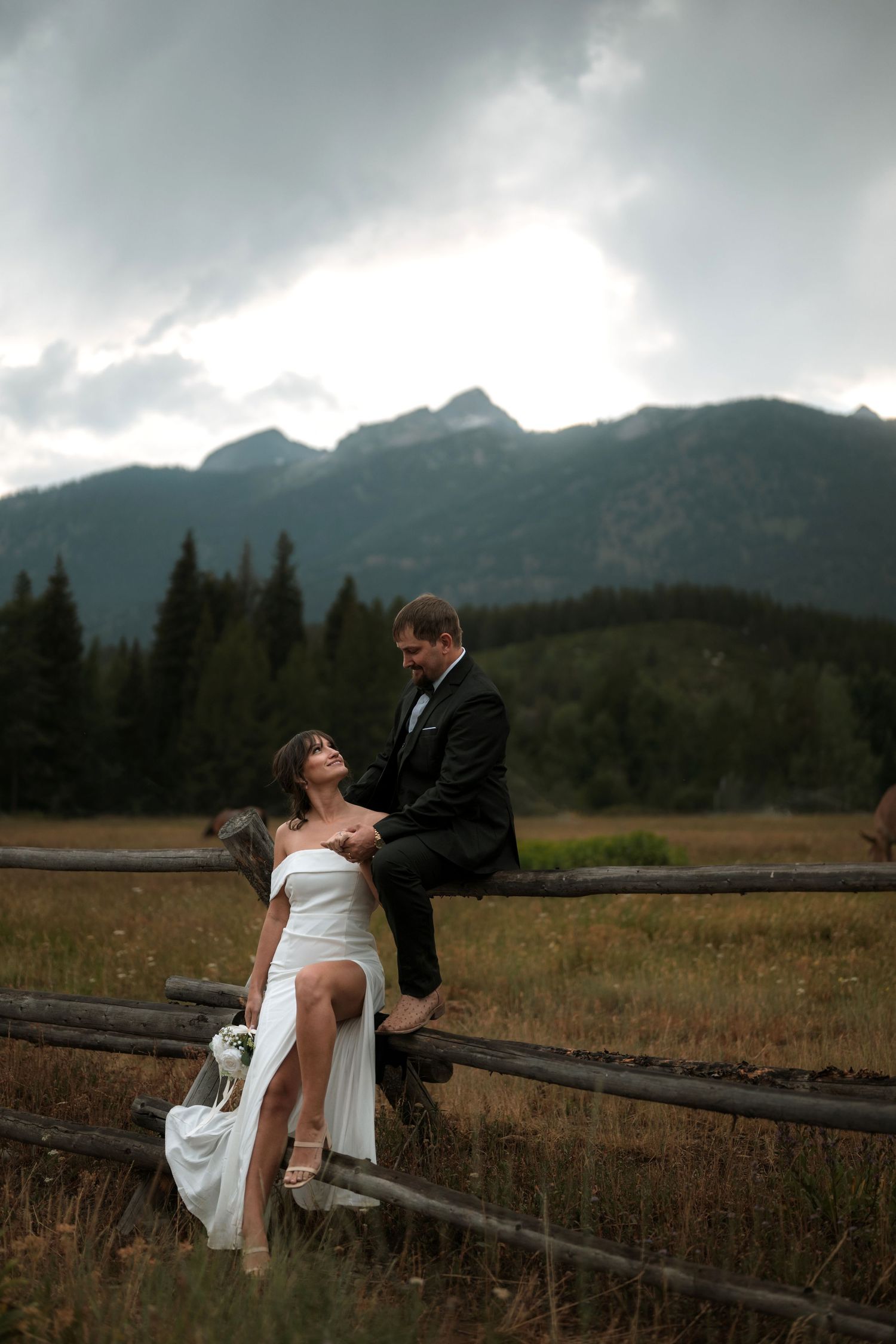 A bride and groom embrace in a field with mountains in the background.