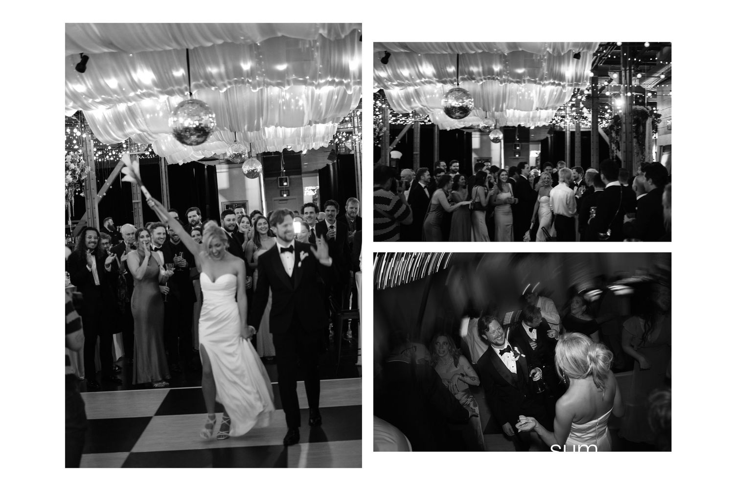 Joyful bride and groom share first dance under sparkling lights at elegant black and white wedding reception.