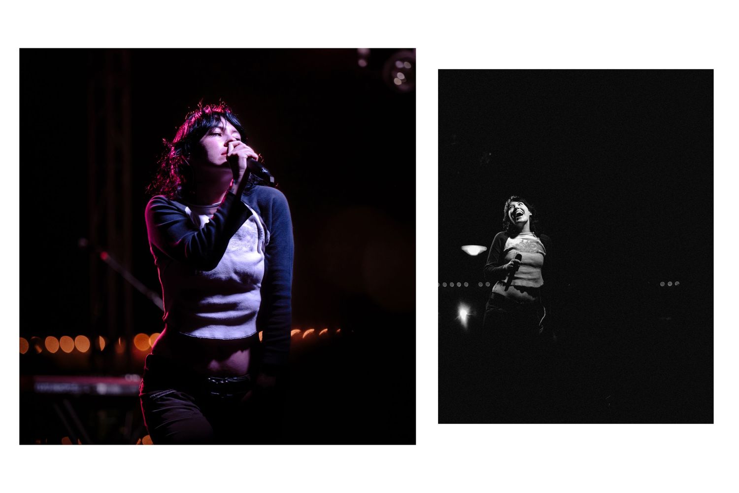 Two concert photos: a singer performing under purple lights, and a black-and-white shot of a pianist on stage.