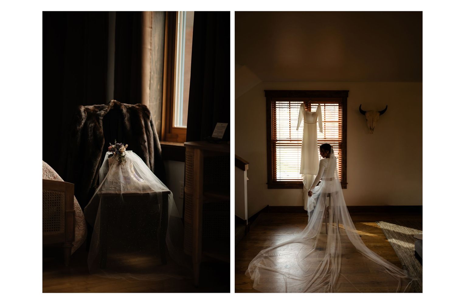 Moody diptych of bride in flowing white gown and cathedral veil in rustic dark wooden interior wedding venue.