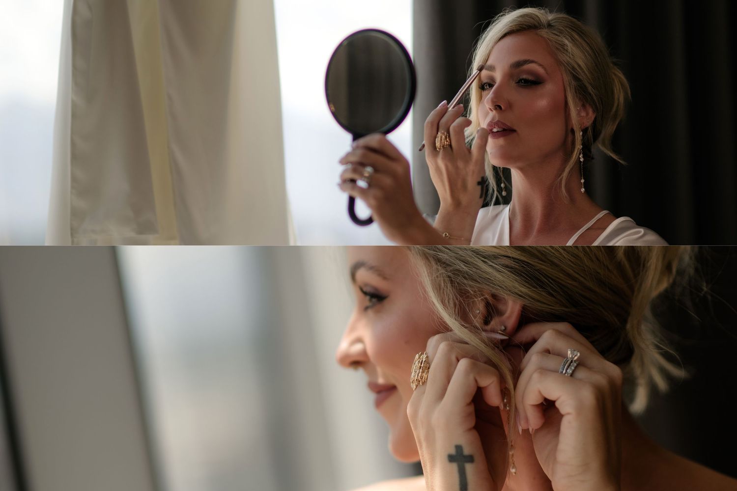 Bride checks makeup in hand mirror while adjusting earring, preparing for wedding day.