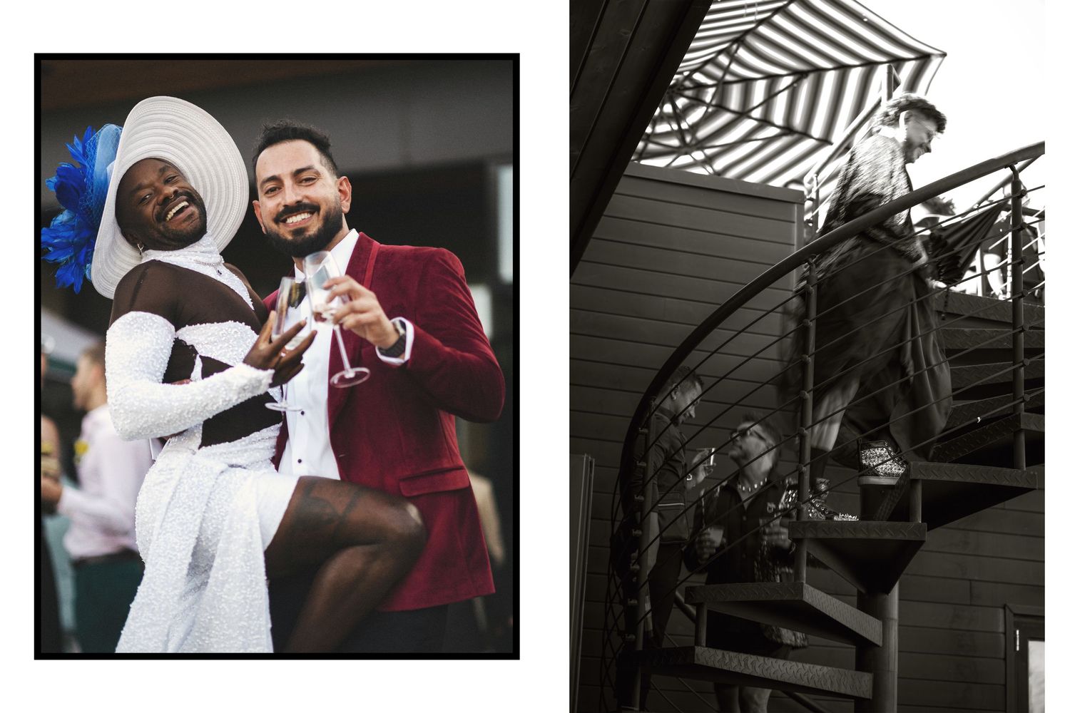 A joyful couple in elegant attire, woman in white dress and blue hat, man in burgundy blazer, celebrating at a formal event.