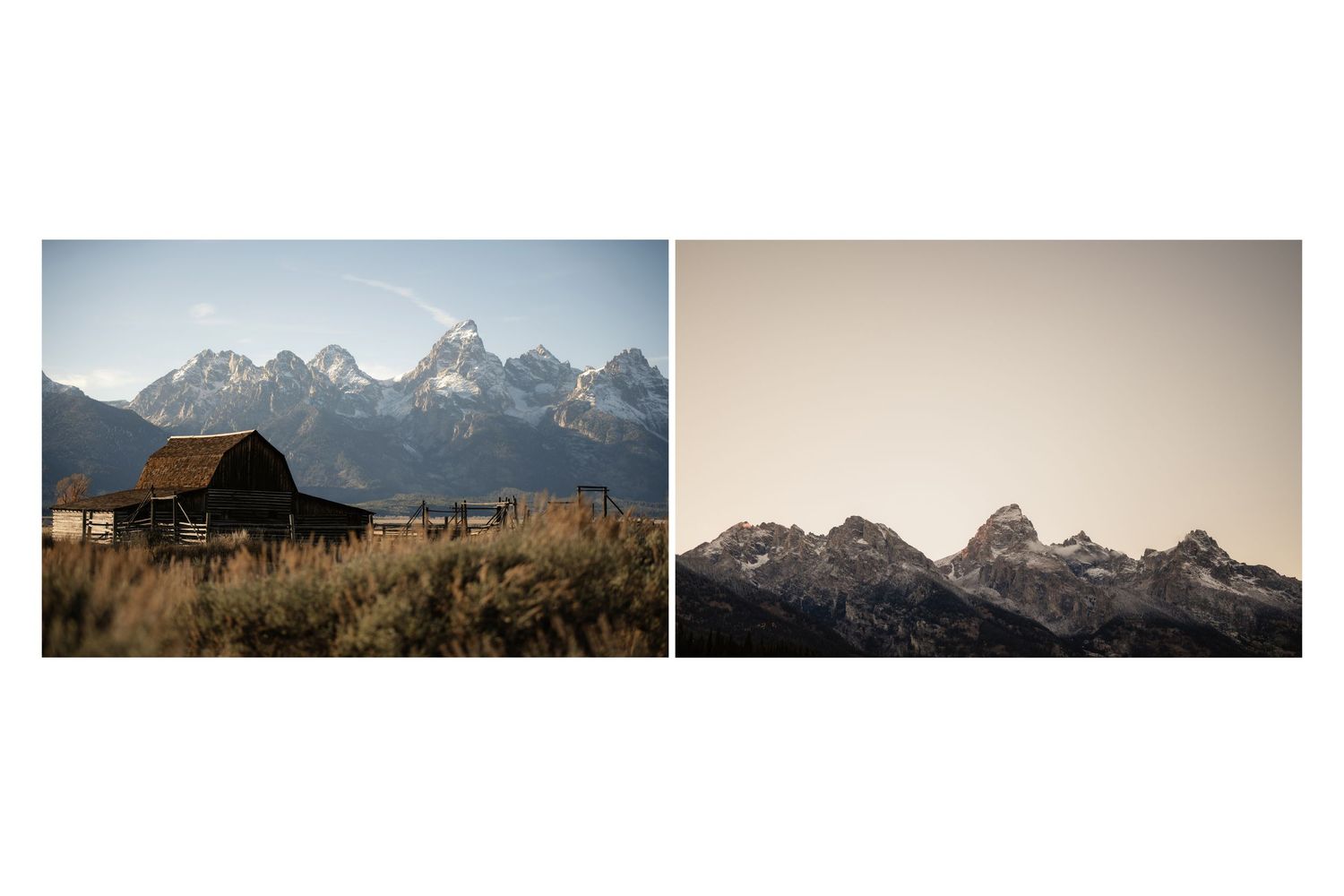 A rustic barn sits before the majestic Grand Teton mountain range under a clear sky in Wyoming.