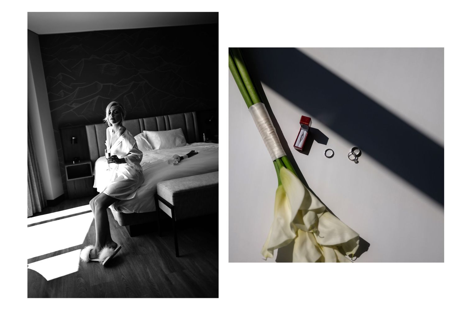 Bride sits by hotel window in soft light, beside a flatlay of wedding accessories including rings and perfume.