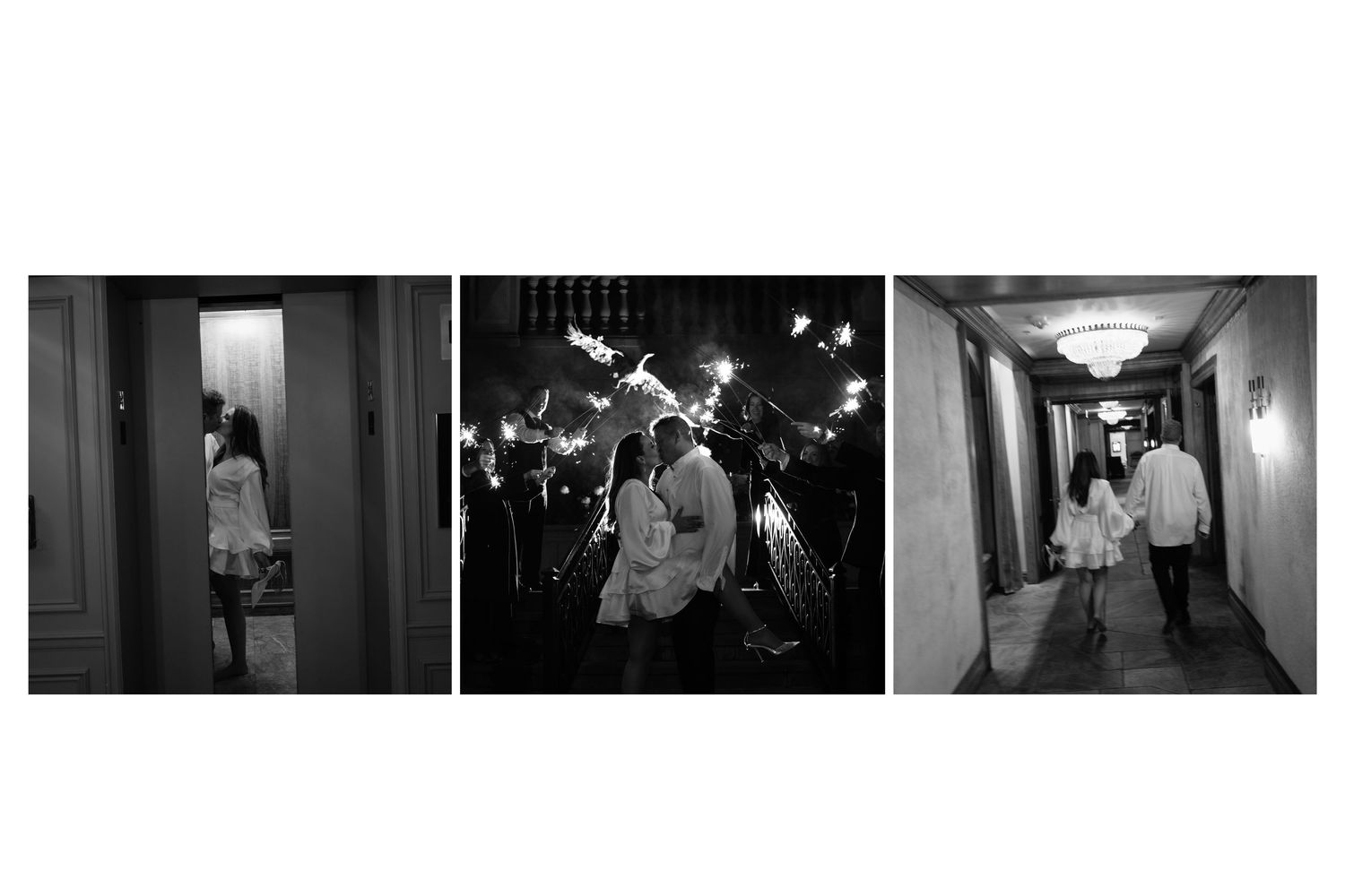 Black and white wedding triptych showing bride in doorway, sparkler sendoff, and couple walking down elegant hallway.