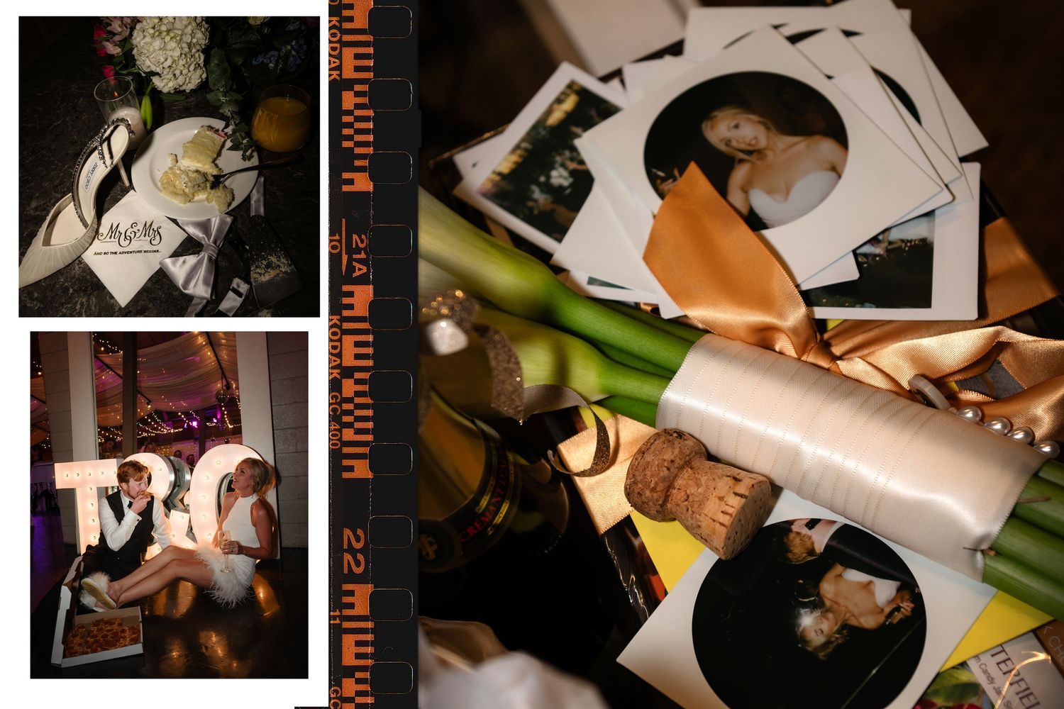 Wedding reception collage with couple photos, scattered Polaroids, champagne cork, and floral bouquet details.