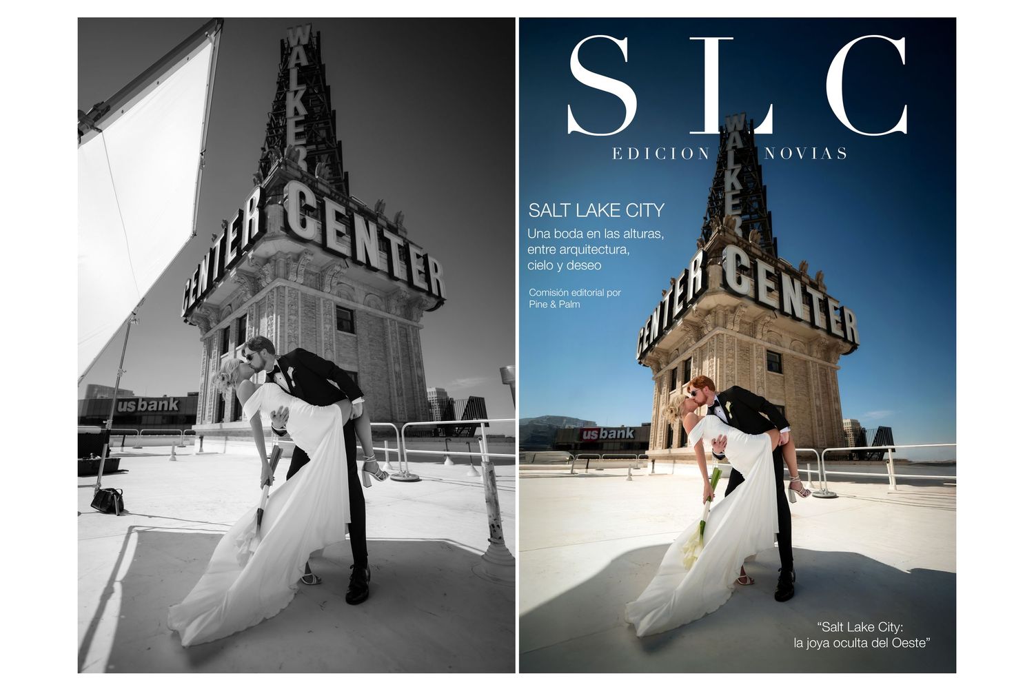 Couple poses in wedding attire near Salt Lake City Center tower, featured in SLC Edicion Novias bridal magazine spread.