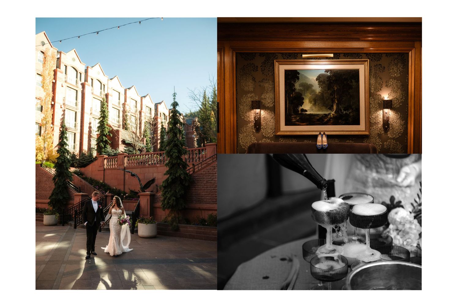 Wedding venue collage showing couple walking, classic oil painting, and candlelit decor.