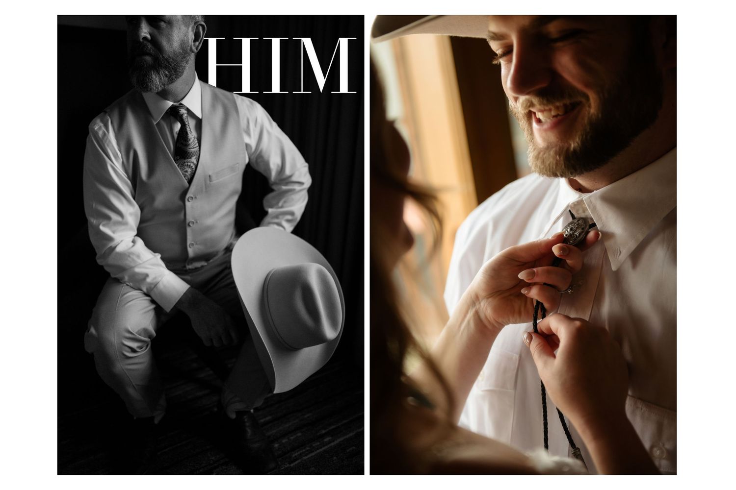 Man in vest holding white cowboy hat in black and white photo beside groom adjusting boutonniere in white dress shirt.