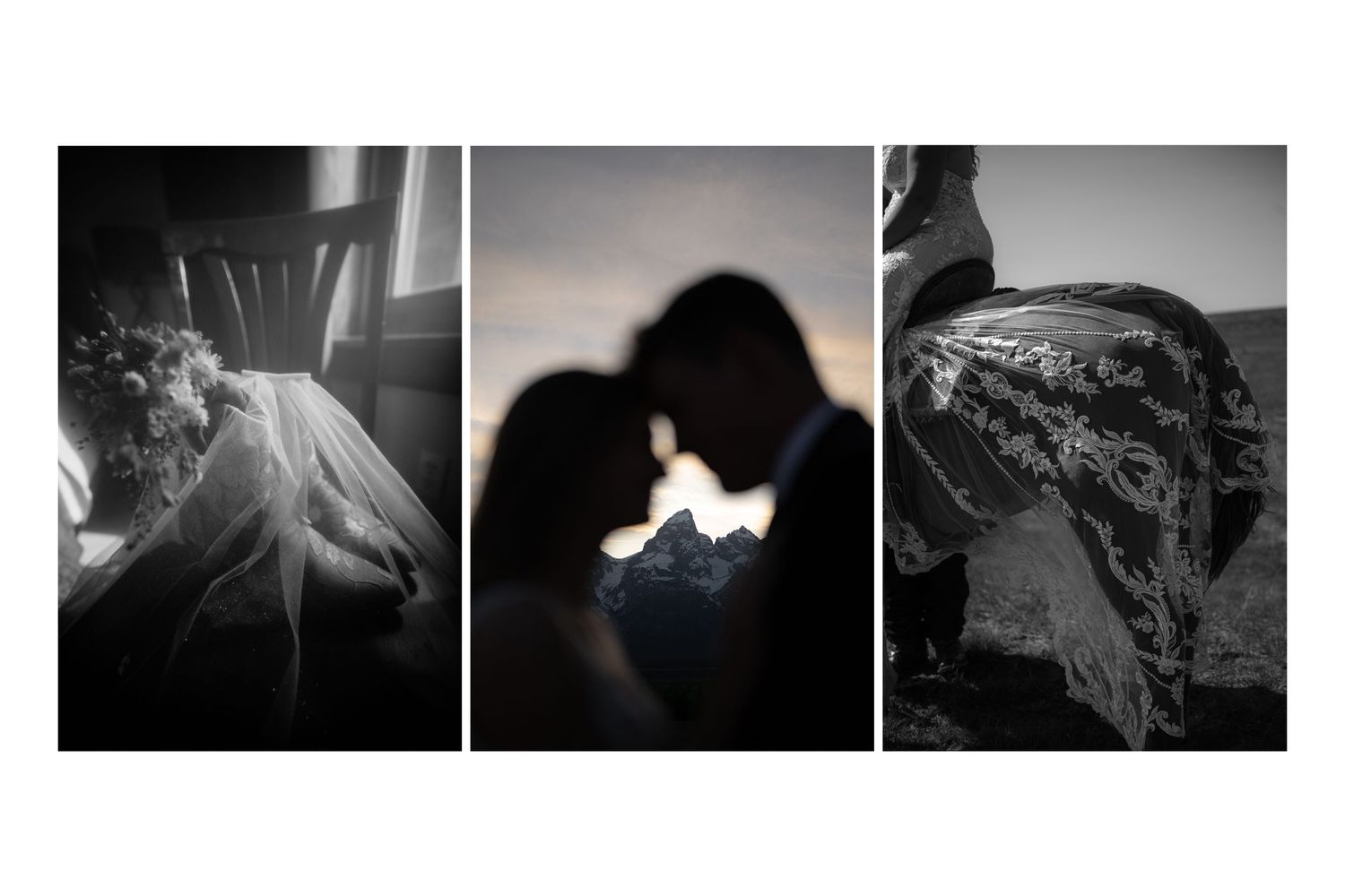 Romantic wedding triptych featuring black and white bride portrait, silhouetted couple at sunset, and dramatic veil detail in Jackson Wyomin