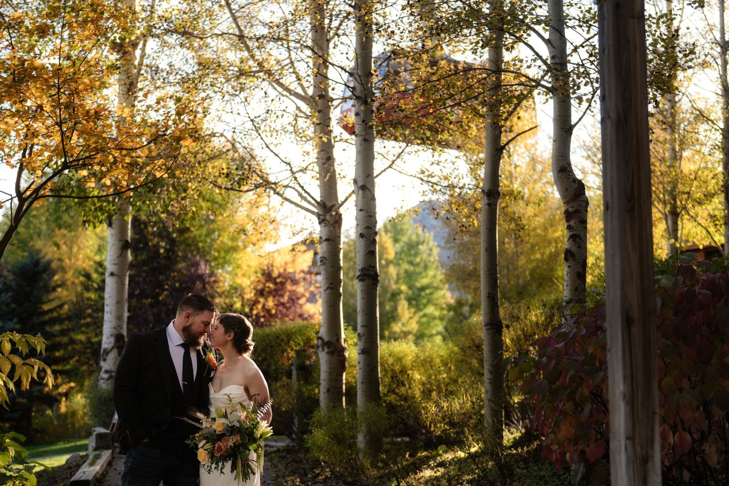 Bride and groom share romantic kiss among golden aspen trees in autumn mountain setting.