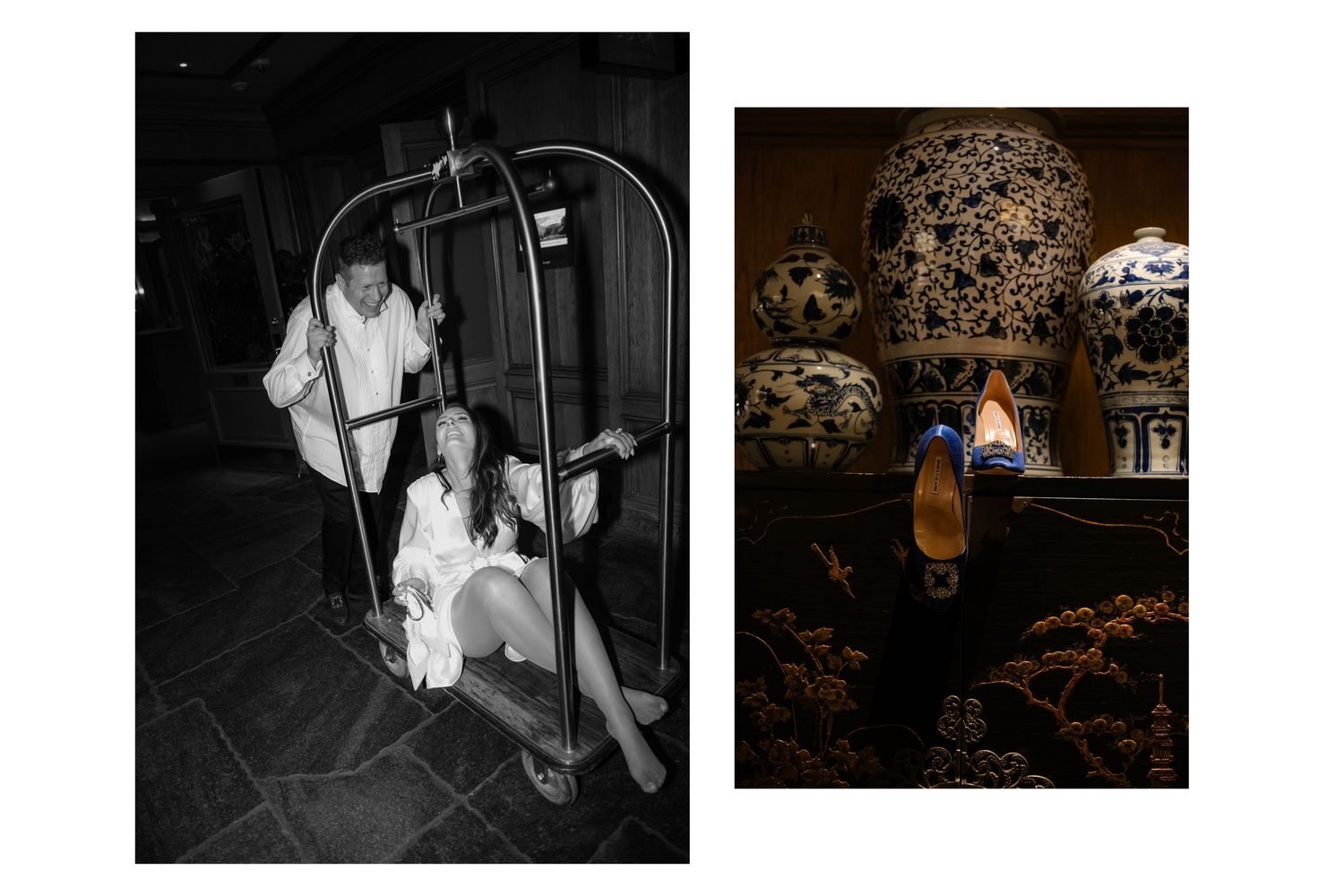 Black and white photo of couple posing with hotel luggage cart beside warmly lit display of ornate blue and white ceramic vases.