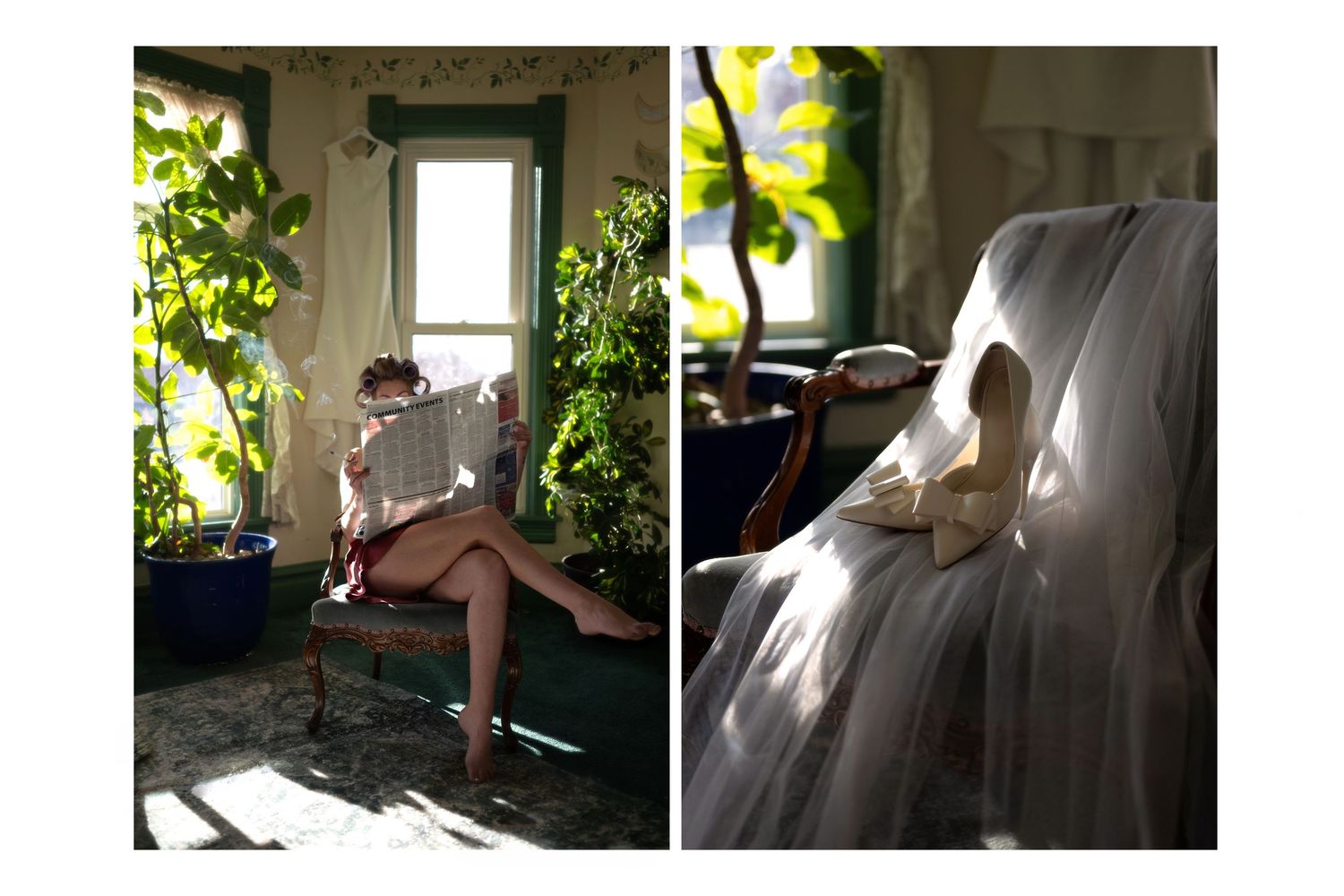 Woman reading newspaper in sunlit room with plants, beside a bride in flowing white veil seated in soft natural light.