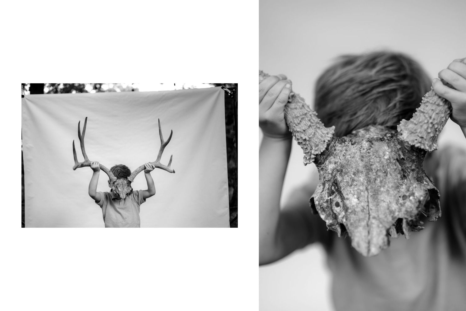 Black and white diptych of a person holding deer antlers and an animal skull over their head outdoors.