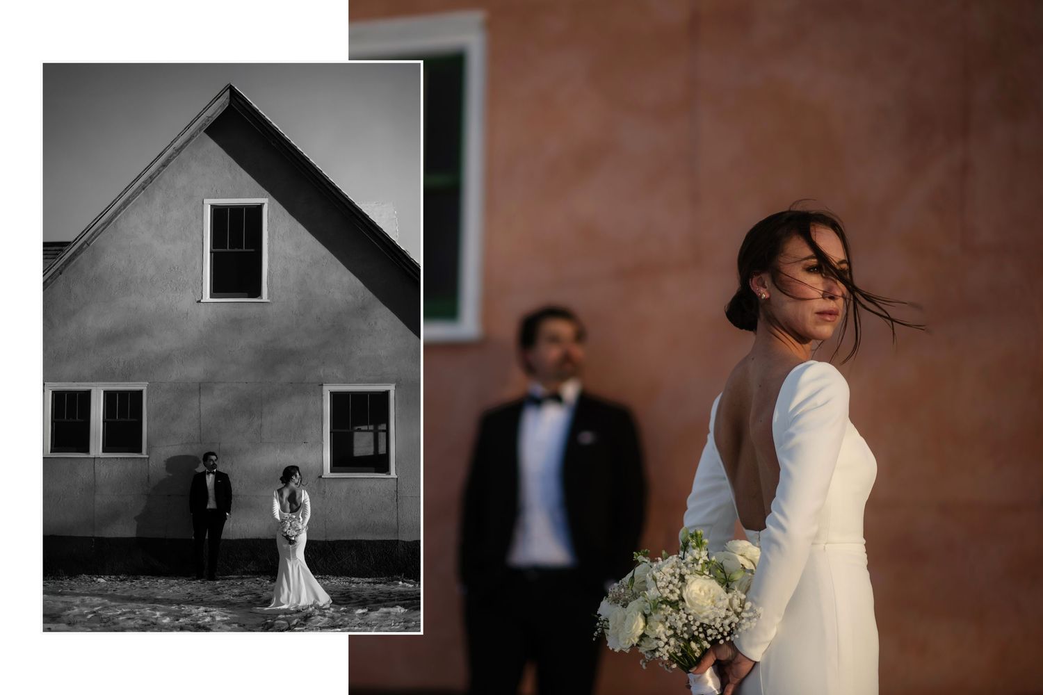 Elegant wedding couple posing near a rustic building, bride in white gown holding bouquet, groom in tuxedo, black and white photo.