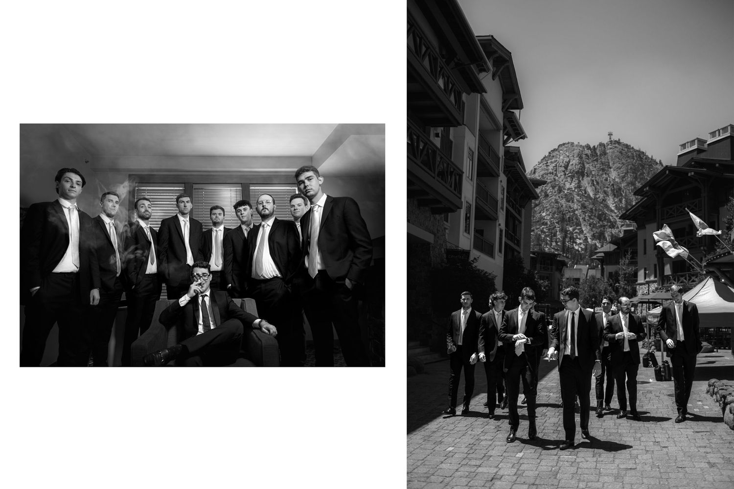 Black and white photo of groomsmen in suits posing, alongside a color shot of the group walking on cobblestone streets.