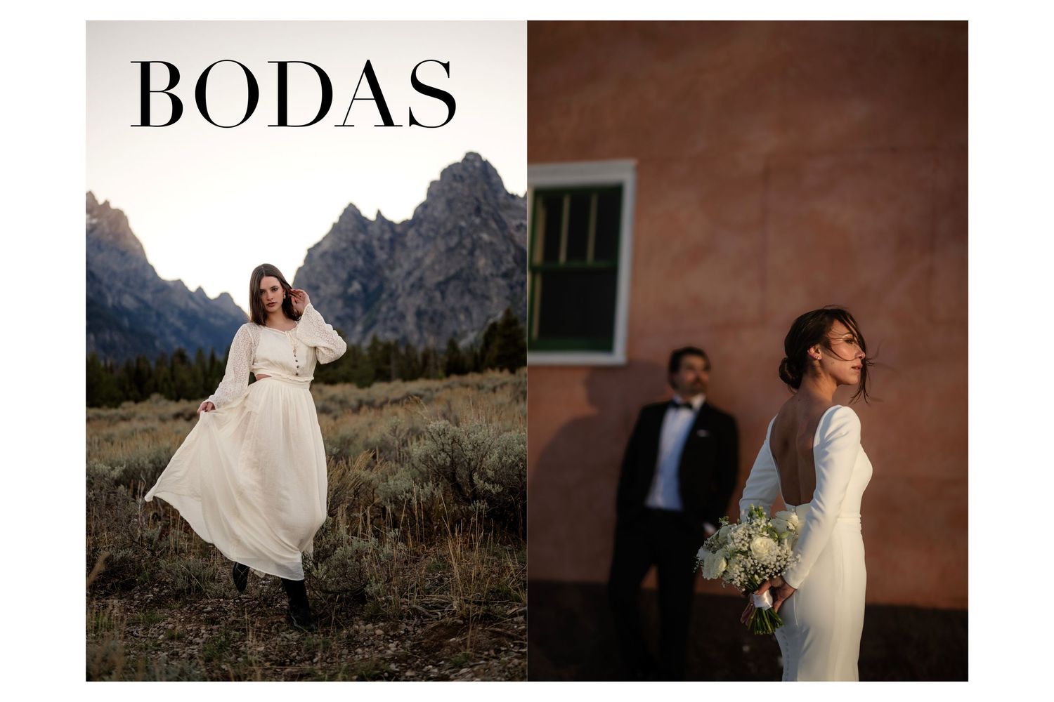 Bodas editorial featuring bride in white dress among Grand Teton mountains and couple embracing by adobe wall.