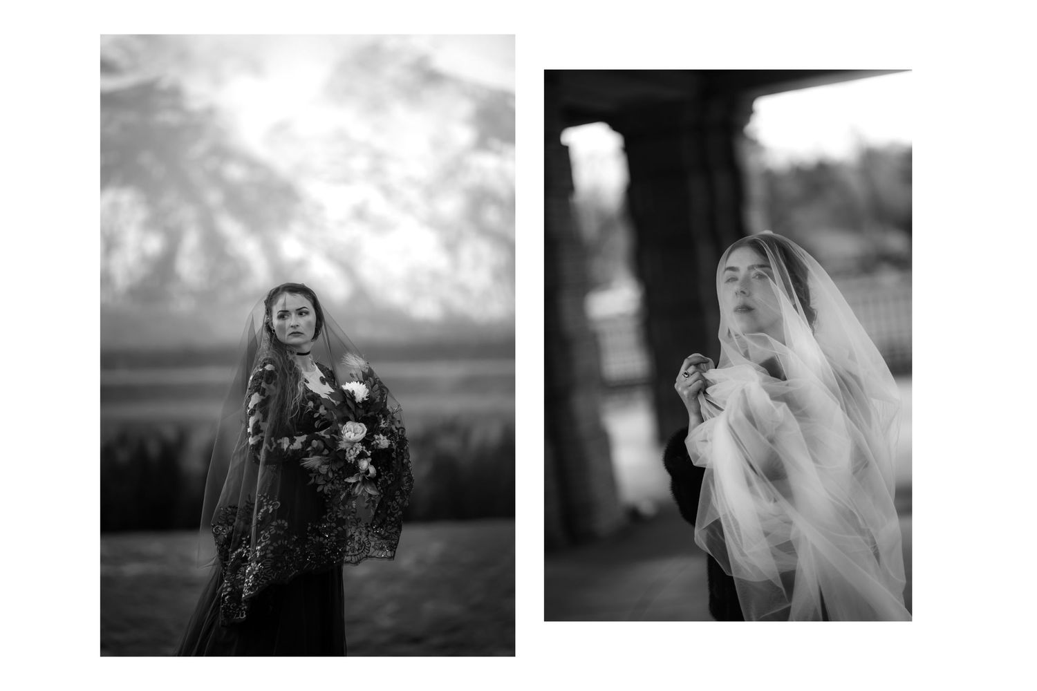 Black and white diptych of bride in dark floral gown with bouquet and veil portrait in dramatic outdoor setting.