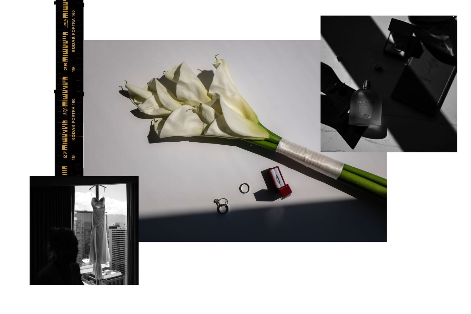 White calla lily bouquet with wedding rings and red ring box on a light background with film strip accents.