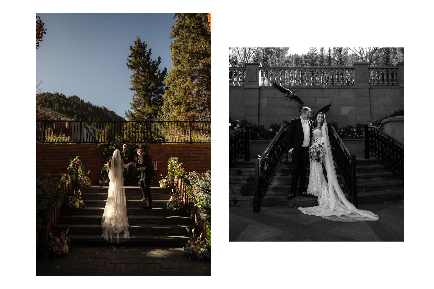 Bride and groom on outdoor stone staircase of elegant venue, shown in warm color and classic black-and-white side by side.