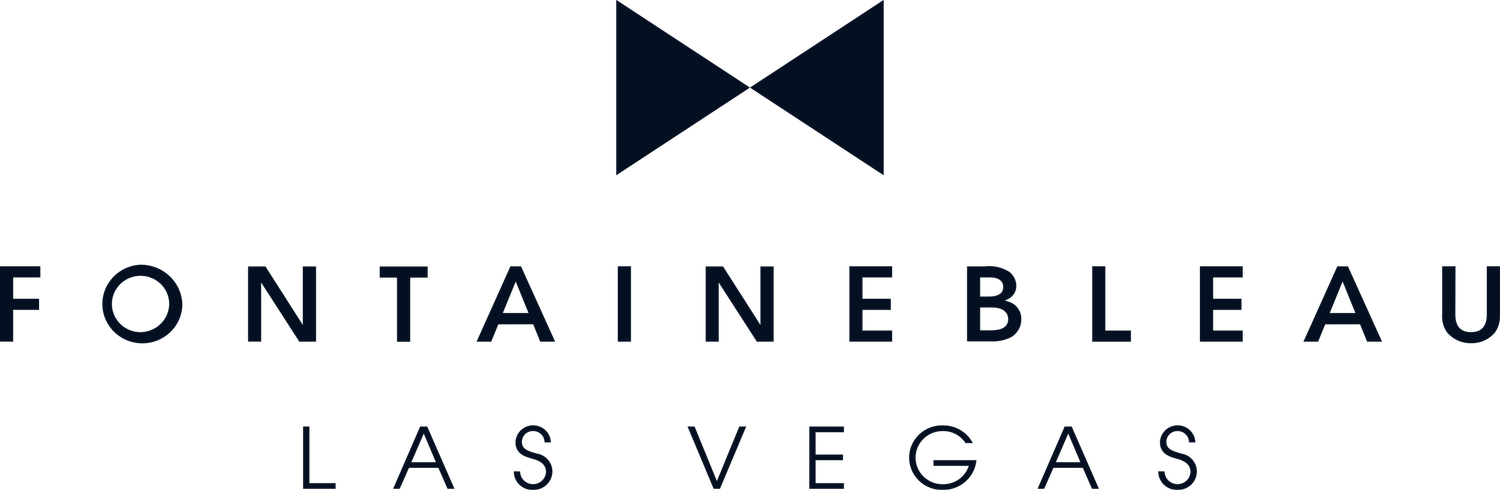Fontainebleau Las Vegas hotel logo featuring a dark navy bow tie symbol above elegant serif typography.