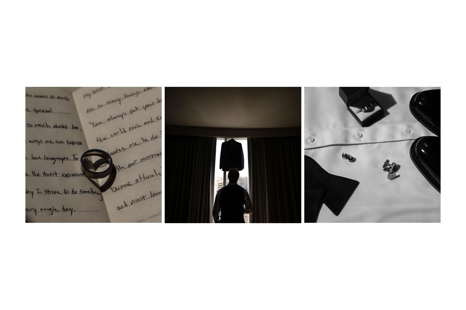Wedding day details collage featuring handwritten vows, groom silhouette, and accessories.