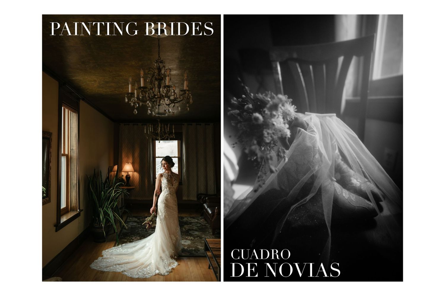 Elegant bride in white gown stands in candlelit room, painting brides editorial split with dramatic black and white veil shot.