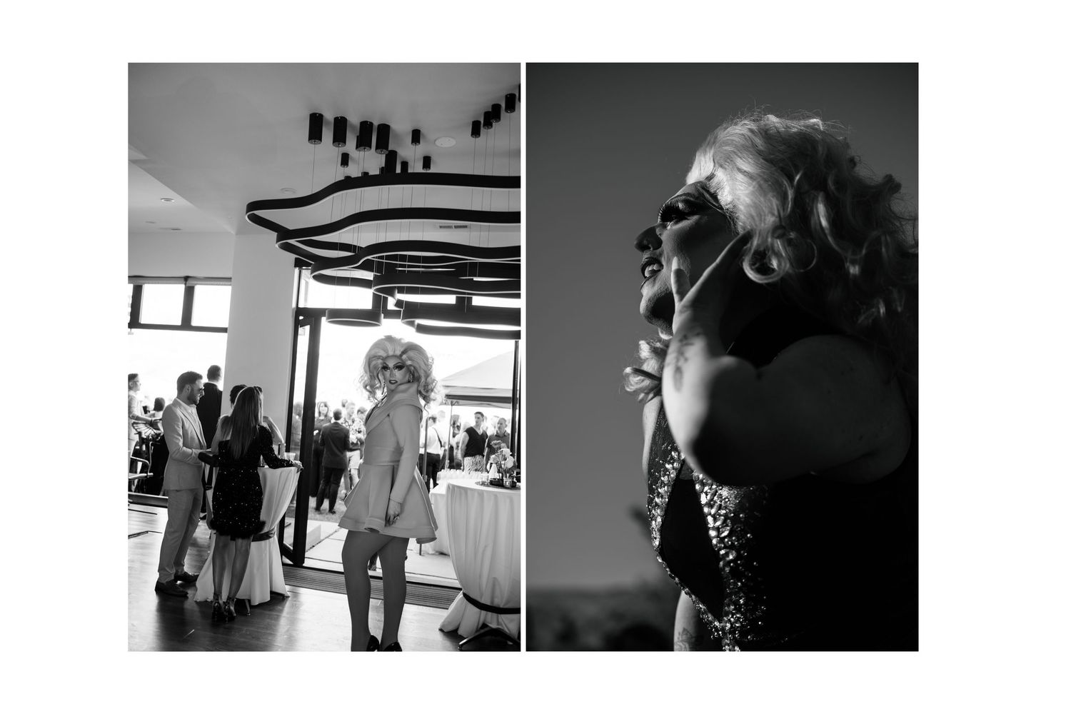Black and white wedding reception photos showing guests mingling indoors and a woman singing joyfully outdoors.