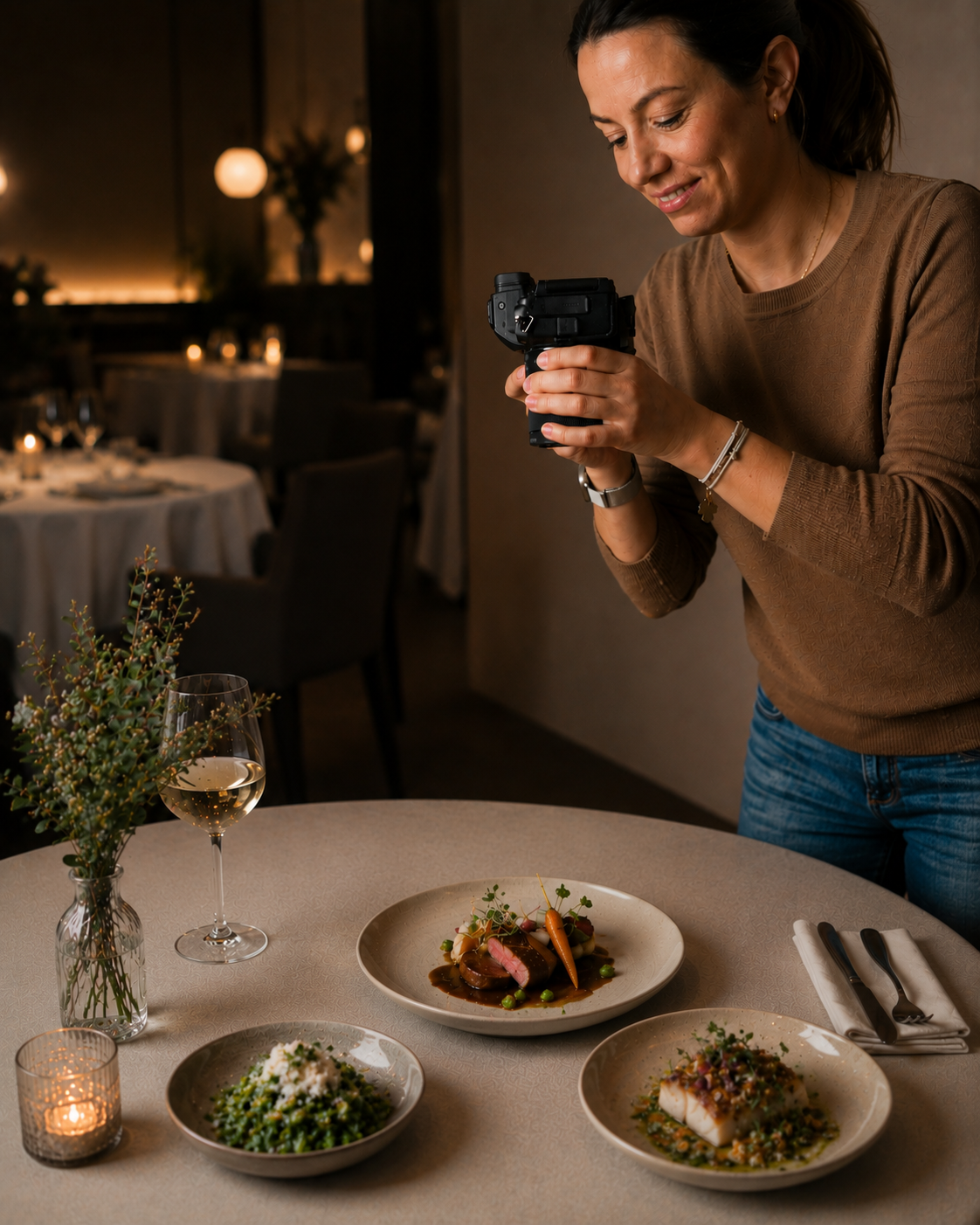 Woman photographing three gourmet dishes with a camera at an elegant restaurant table with wine glass.
