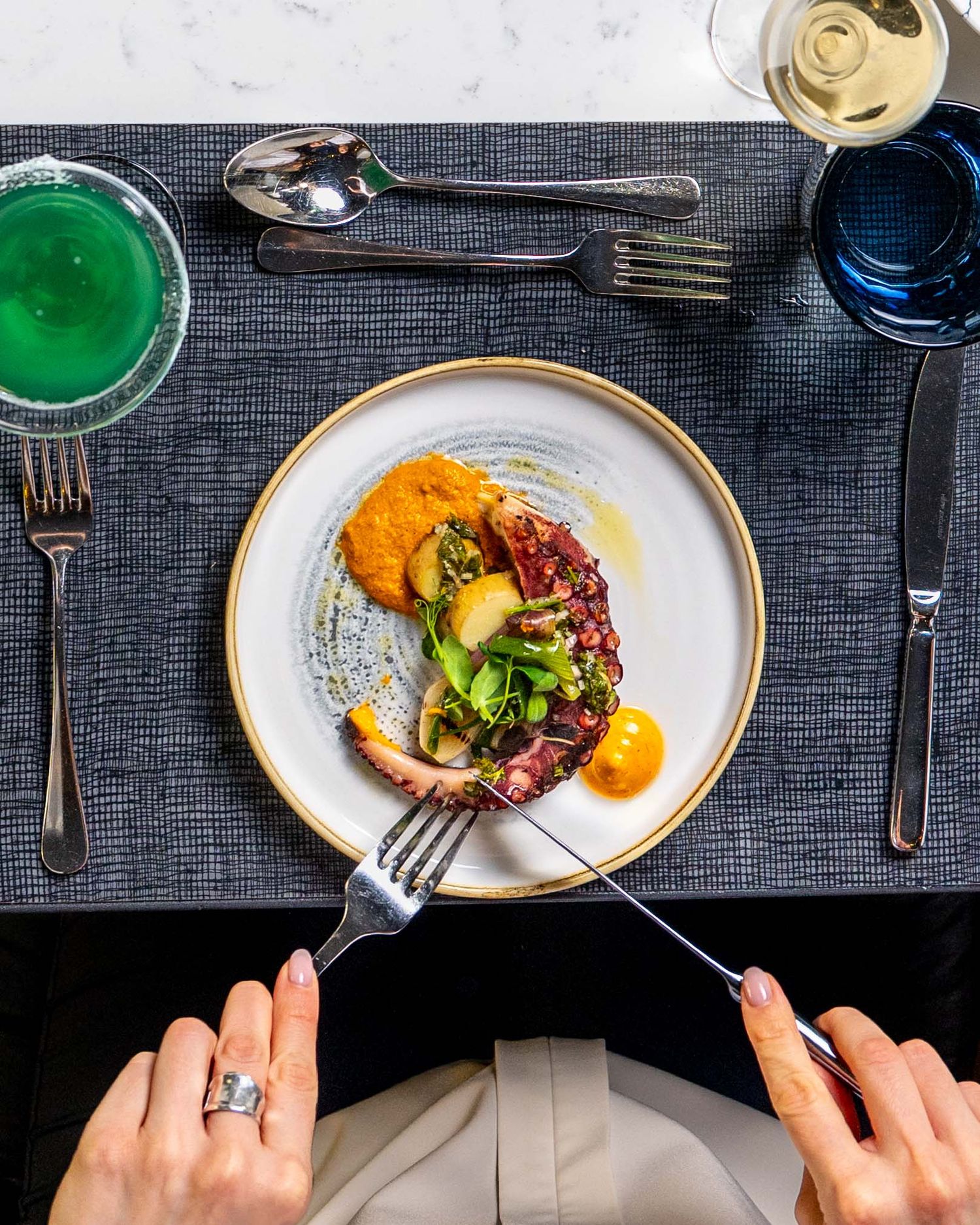 Elegant restaurant plate with grilled octopus and orange puree, served with white wine and green cocktail.