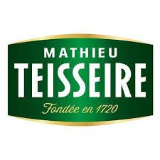 Green and gold vintage-style Mathieu Teisseire logo design with 'Fondee en 1720' text on dark background.