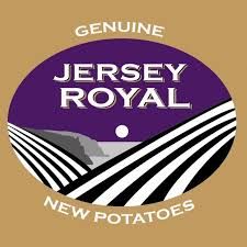 A row of colorful oval potato labels or stickers featuring text against contrasting backgrounds.